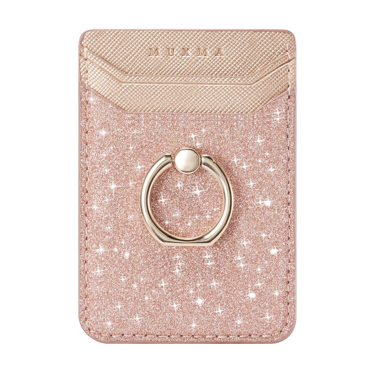 MUXMA MX112 RFID Blocking Adhesive Phone Card Holder Glittery Bling PU Leather Card Slot Pocket with Ring Stand - Rose Gold