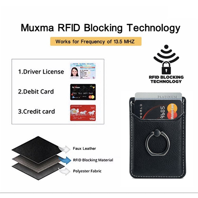 MUXMA MX112 Adhesive Phone Card Holder Ring Stand RFID Blocking Cowhide Texture Leather Card Pocket - Black