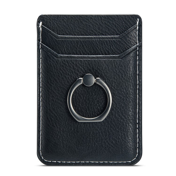 MUXMA MX112 Adhesive Phone Card Holder Ring Stand RFID Blocking Cowhide Texture Leather Card Pocket - Black