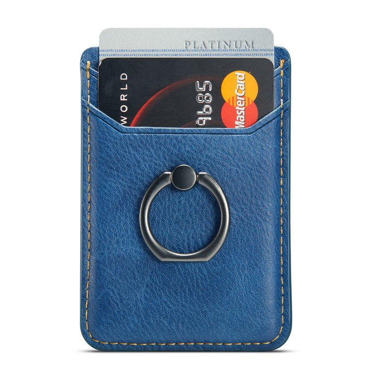 MUXMA MX112 Adhesive Phone Card Holder Ring Stand RFID Blocking Cowhide Texture Leather Card Pocket - Blue