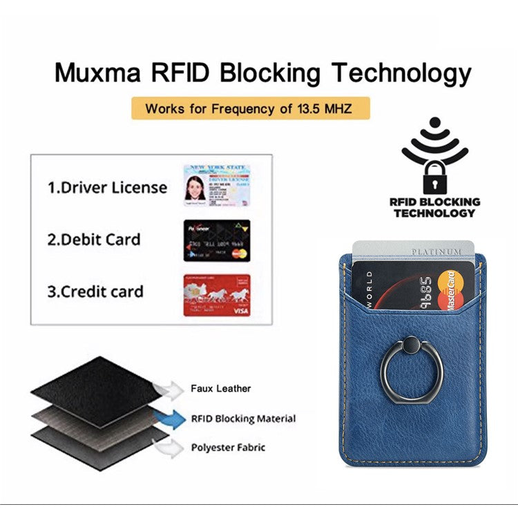 MUXMA MX112 Adhesive Phone Card Holder Ring Stand RFID Blocking Cowhide Texture Leather Card Pocket - Blue