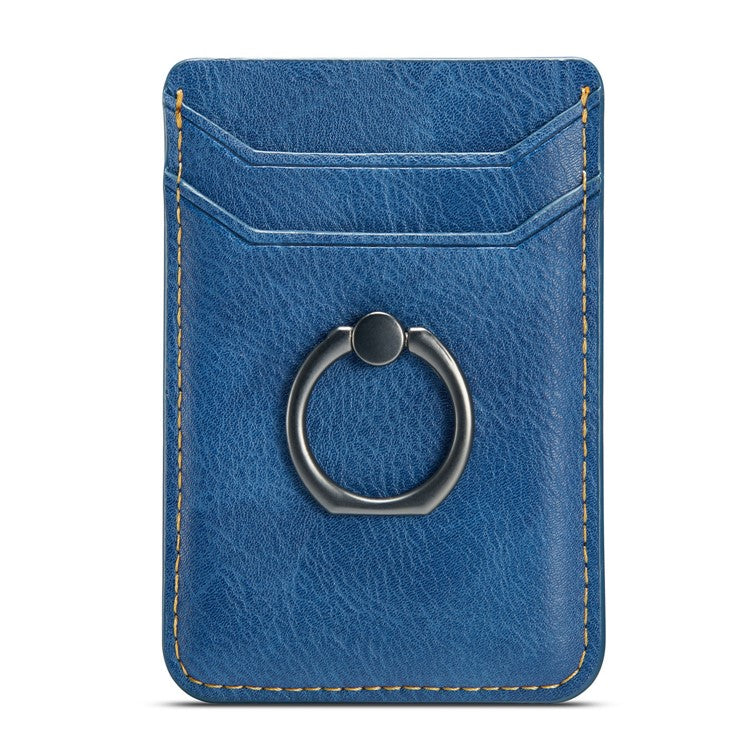 MUXMA MX112 Adhesive Phone Card Holder Ring Stand RFID Blocking Cowhide Texture Leather Card Pocket - Blue