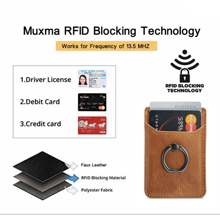 MUXMA MX112 Adhesive Phone Card Holder Ring Stand RFID Blocking Cowhide Texture Leather Card Pocket - Brown