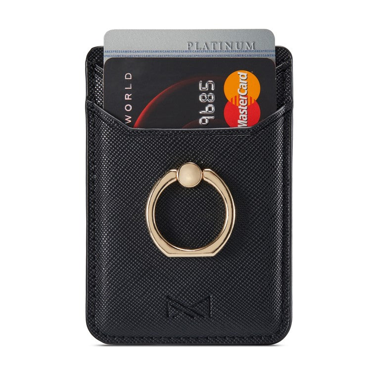 MUXMA MX112 Cross Texture Leather Phone Card Holder Ring Stand RFID Blocking Adhesive Credit Card Slot - Black