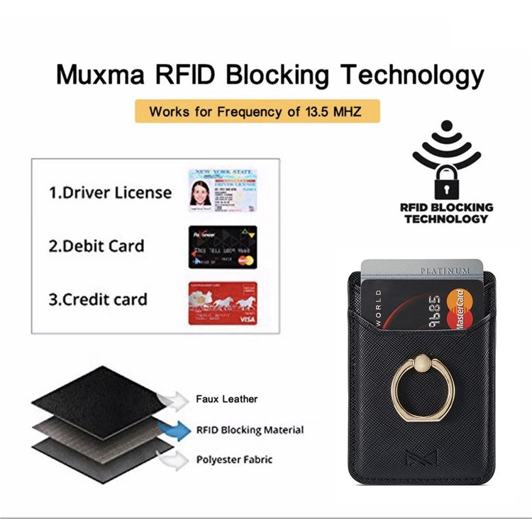 MUXMA MX112 Cross Texture Leather Phone Card Holder Ring Stand RFID Blocking Adhesive Credit Card Slot - Black