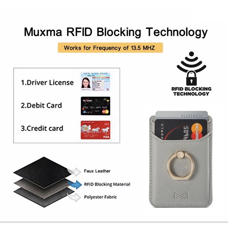 MUXMA MX112 Cross Texture Leather Phone Card Holder Ring Stand RFID Blocking Adhesive Credit Card Slot - Grey