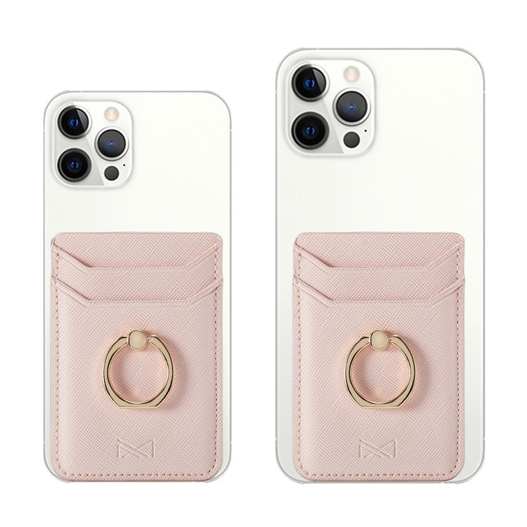 MUXMA MX112 Cross Texture Leather Phone Card Holder Ring Stand RFID Blocking Adhesive Credit Card Slot - Pink