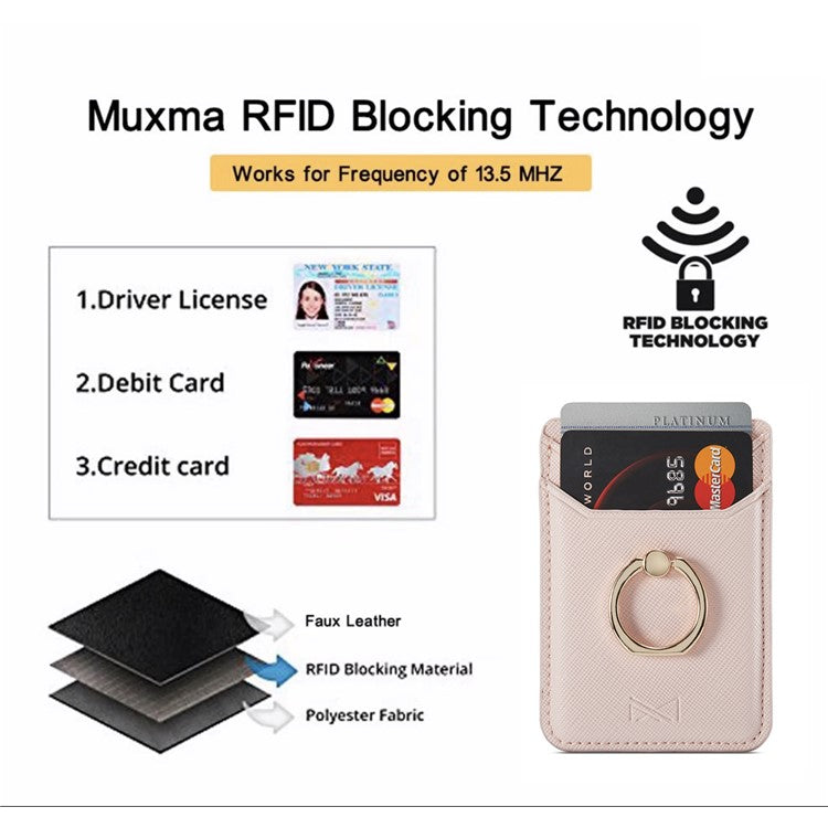 MUXMA MX112 Cross Texture Leather Phone Card Holder Ring Stand RFID Blocking Adhesive Credit Card Slot - Pink