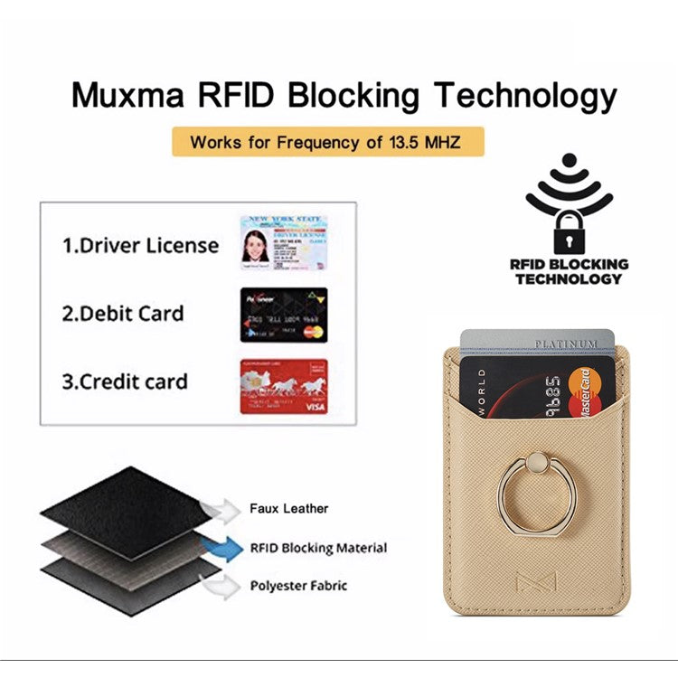 MUXMA MX112 Cross Texture Leather Phone Card Holder Ring Stand RFID Blocking Adhesive Credit Card Slot - Gold