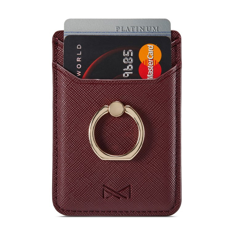 MUXMA MX112 Cross Texture Leather Phone Card Holder Ring Stand RFID Blocking Adhesive Credit Card Slot - Wine Red