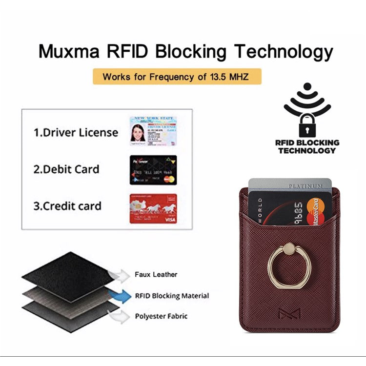 MUXMA MX112 Cross Texture Leather Phone Card Holder Ring Stand RFID Blocking Adhesive Credit Card Slot - Wine Red