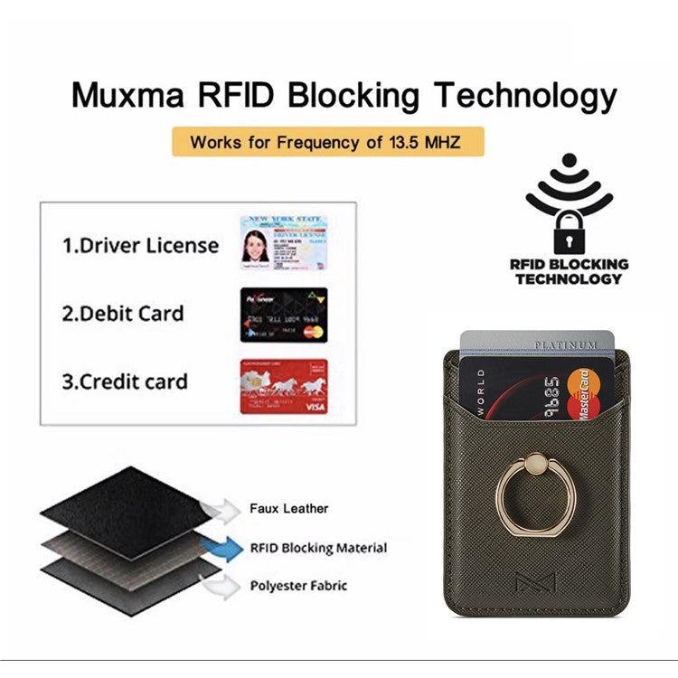 MUXMA MX112 Cross Texture Leather Phone Card Holder Ring Stand RFID Blocking Adhesive Credit Card Slot - Green