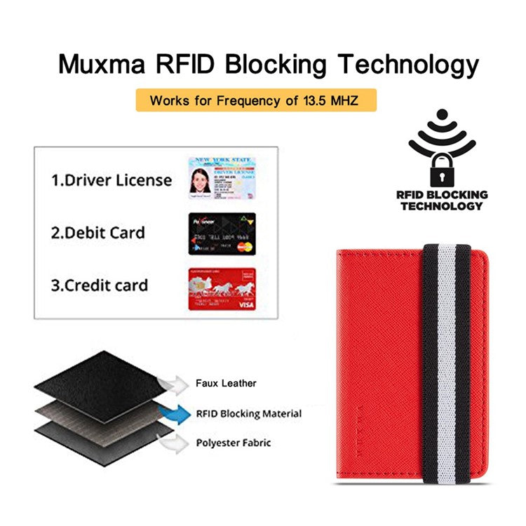 MUXMA MX110 Phone Card Holder Elastic Band Grip Phone Wallet RFID Blocking Adhesive Stick On Credit Card Pocket for Back Of Phone Case - Red