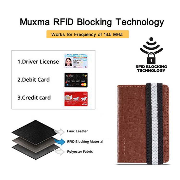 MUXMA MX110 Phone Card Holder Elastic Band Grip Phone Wallet RFID Blocking Adhesive Stick On Credit Card Pocket for Back Of Phone Case - Brown