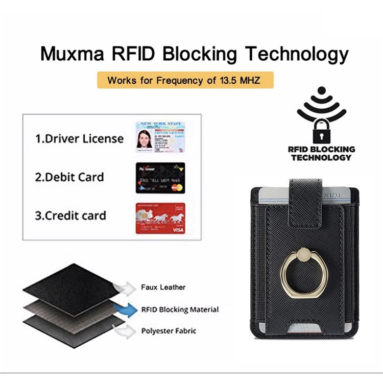 MUXMA MX116-8 Phone Card Holder RFID Blocking Sleeve for Back of Phone, Adhesive Stick-on Credit Card Wallet Pocket with Ring Grip - Black