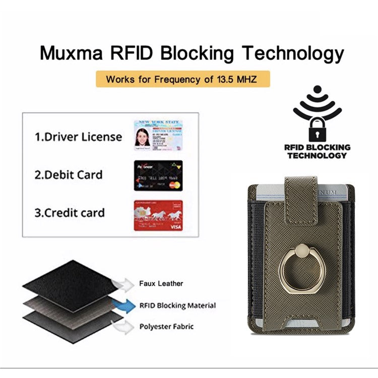 MUXMA MX116-8 Phone Card Holder RFID Blocking Sleeve for Back of Phone, Adhesive Stick-on Credit Card Wallet Pocket with Ring Grip - Green