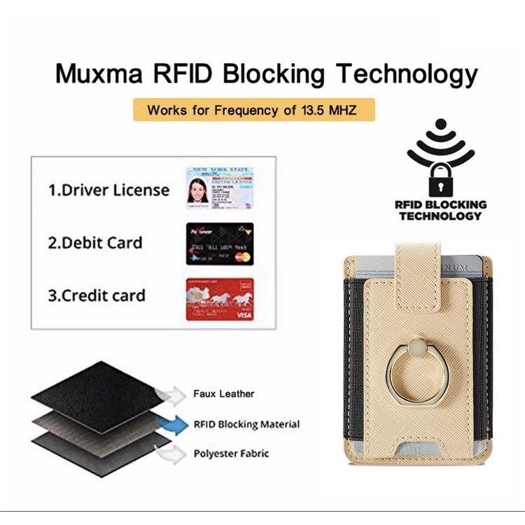 MUXMA MX116-8 Phone Card Holder RFID Blocking Sleeve for Back of Phone, Adhesive Stick-on Credit Card Wallet Pocket with Ring Grip - Khaki