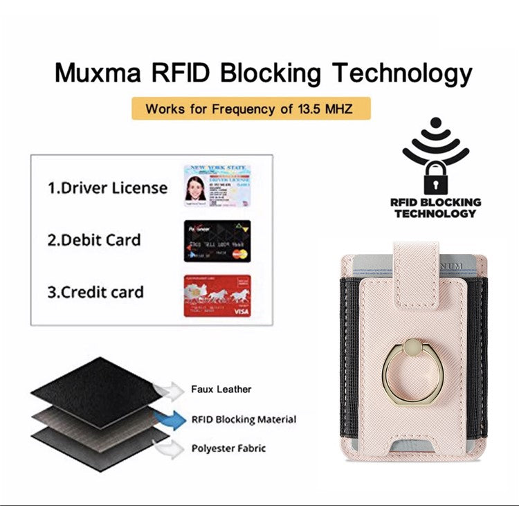 MUXMA MX116-8 Phone Card Holder RFID Blocking Sleeve for Back of Phone, Adhesive Stick-on Credit Card Wallet Pocket with Ring Grip - Pink