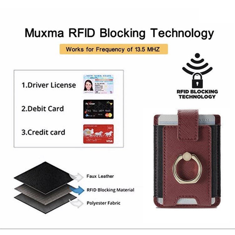 MUXMA MX116-8 Phone Card Holder RFID Blocking Sleeve for Back of Phone, Adhesive Stick-on Credit Card Wallet Pocket with Ring Grip - Red