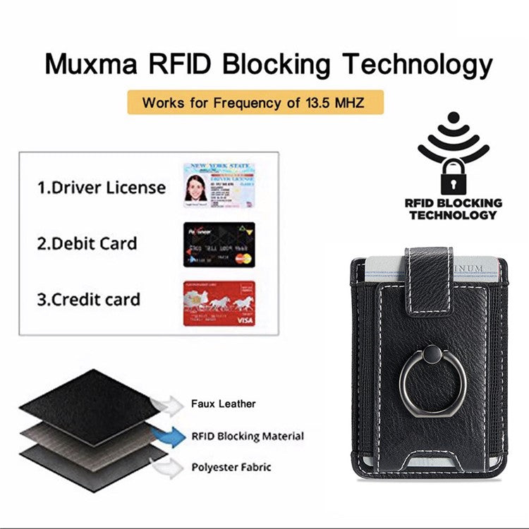 MUXMA MX116 Phone Card Holder RFID Blocking Ring Card Holder Sleeve Stick-On Pull up 8 Card Holder - Black