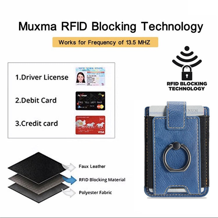 MUXMA MX116 Phone Card Holder RFID Blocking Ring Card Holder Sleeve Stick-On Pull up 8 Card Holder - Blue