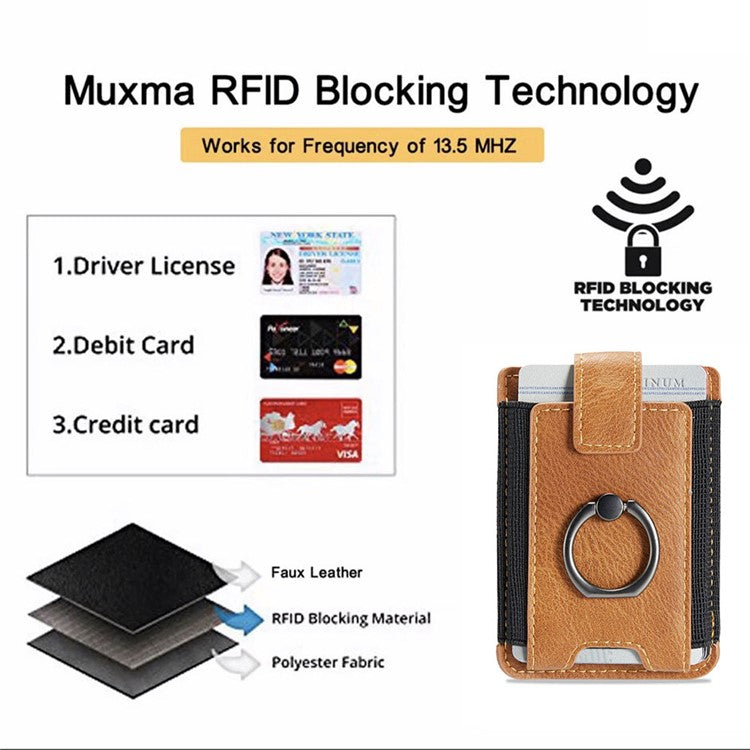 MUXMA MX116 Phone Card Holder RFID Blocking Ring Card Holder Sleeve Stick-On Pull up 8 Card Holder - Brown