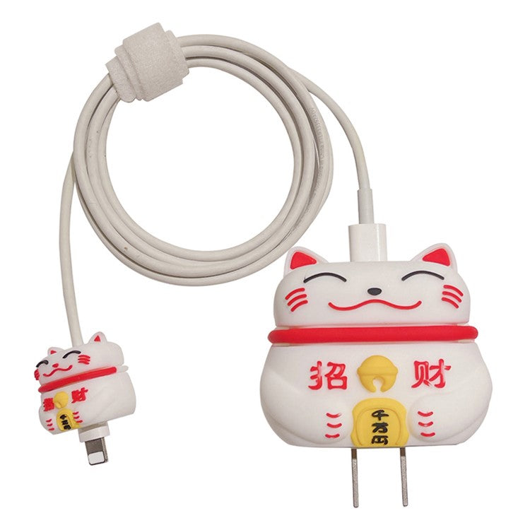 Fortune Cat Series Silicone Case for iPhone 18W / 20W Charger Adapter with Charging Cable Protector - White