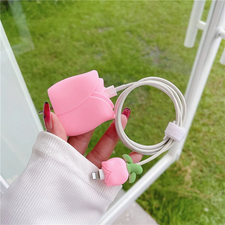 Tulip Series For iPhone 18W / 20W Wall Charger Silicone Protective Case Set with Charging Cable Protector - Pink