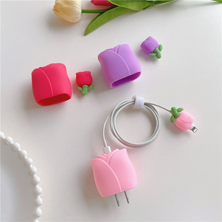 Tulip Series For iPhone 18W / 20W Wall Charger Silicone Protective Case Set with Charging Cable Protector - Pink