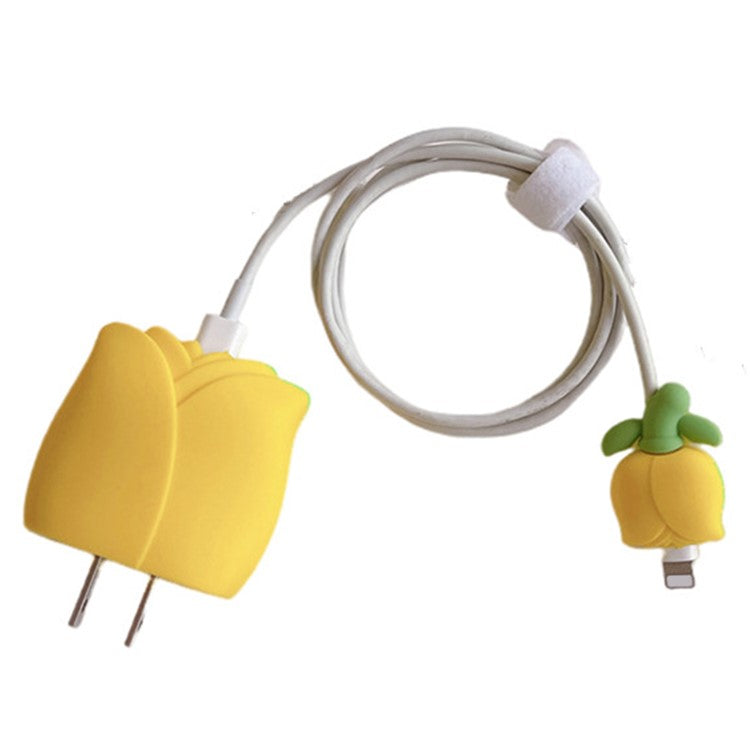 Tulip Series For iPhone 18W / 20W Wall Charger Silicone Protective Case Set with Charging Cable Protector - Yellow