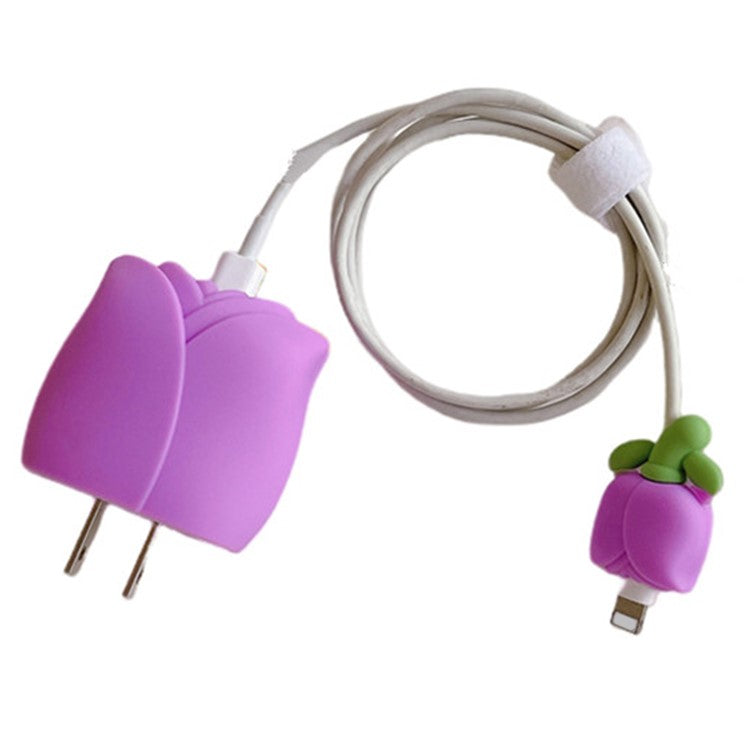 Tulip Series For iPhone 18W / 20W Wall Charger Silicone Protective Case Set with Charging Cable Protector - Purple