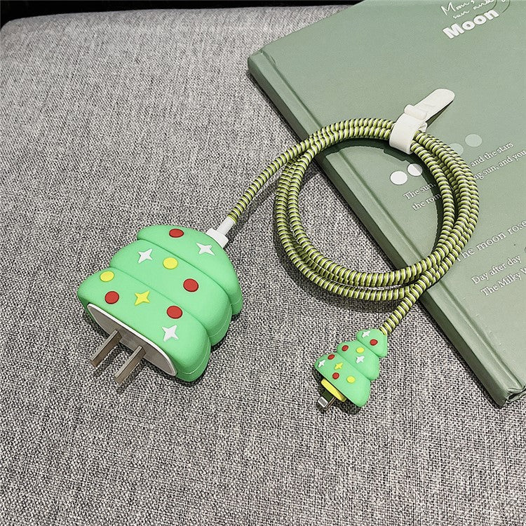 Christmas Style Silicone Cover for iPhone 18W / 20W Wall Charger Protective Case Set with Charging Cable Cover - Christmas Tree