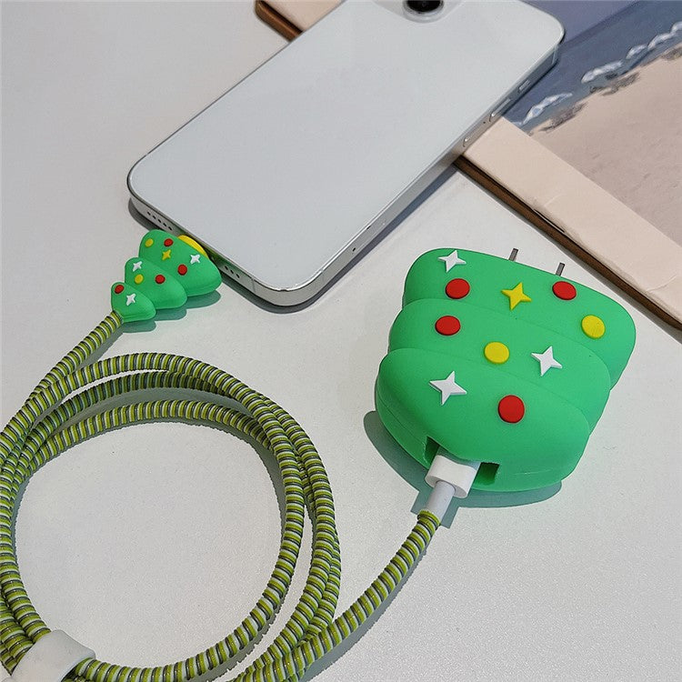 Christmas Style Silicone Cover for iPhone 18W / 20W Wall Charger Protective Case Set with Charging Cable Cover - Christmas Tree