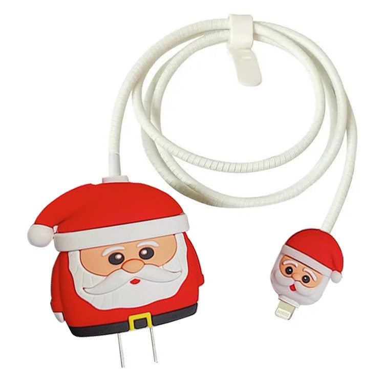 Christmas Style Silicone Cover for iPhone 18W / 20W Wall Charger Protective Case Set with Charging Cable Cover - Santa Claus