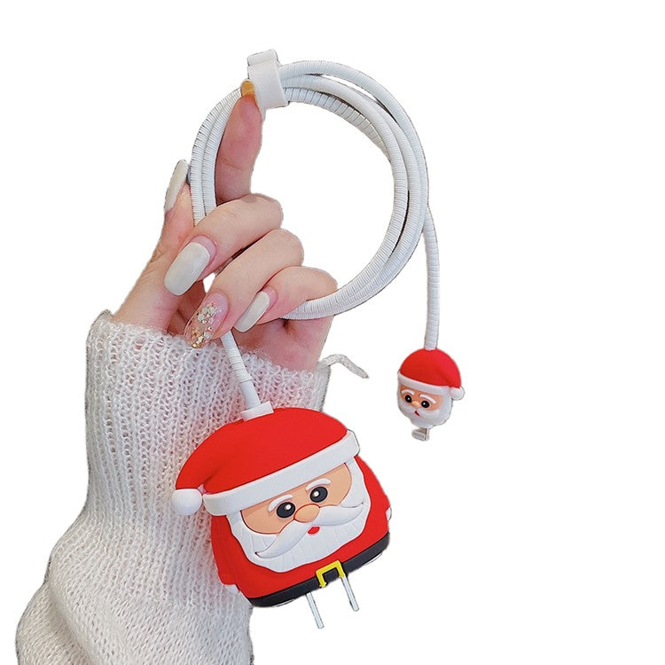 Christmas Style Silicone Cover for iPhone 18W / 20W Wall Charger Protective Case Set with Charging Cable Cover - Santa Claus