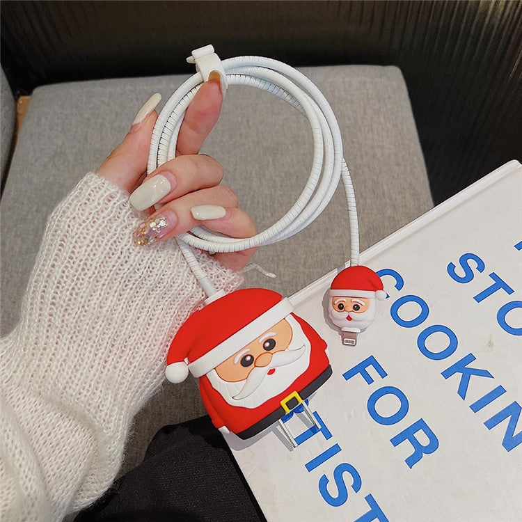 Christmas Style Silicone Cover for iPhone 18W / 20W Wall Charger Protective Case Set with Charging Cable Cover - Santa Claus