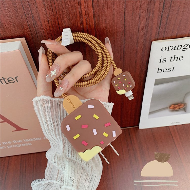 Ice Cream Style Silicone Case for iPhone 18W / 20W Charger Adapter Protector Set with Charging Cord Cover - Brown