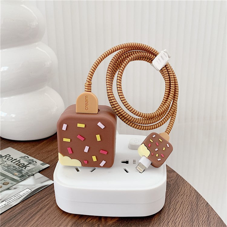 Ice Cream Style Silicone Case for iPhone 18W / 20W Charger Adapter Protector Set with Charging Cord Cover - Brown