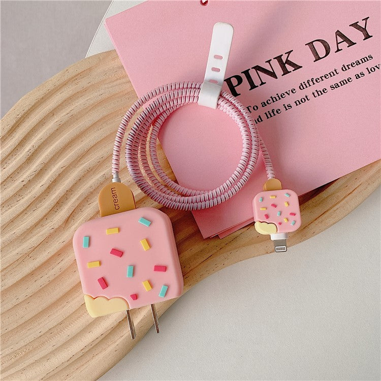 Ice Cream Style Silicone Case for iPhone 18W / 20W Charger Adapter Protector Set with Charging Cord Cover - Pink