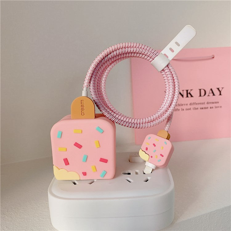 Ice Cream Style Silicone Case for iPhone 18W / 20W Charger Adapter Protector Set with Charging Cord Cover - Pink