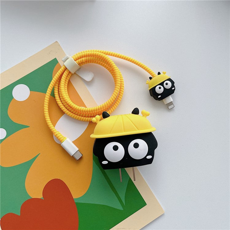 Cartoon Style Protective Case for iPhone 18W / 20W Charger Block Silicone Cover Set with Charging Cable Case - Yellow Hat