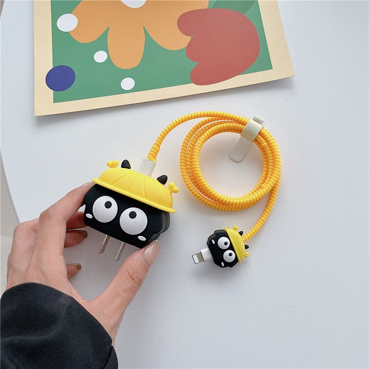 Cartoon Style Protective Case for iPhone 18W / 20W Charger Block Silicone Cover Set with Charging Cable Case - Yellow Hat