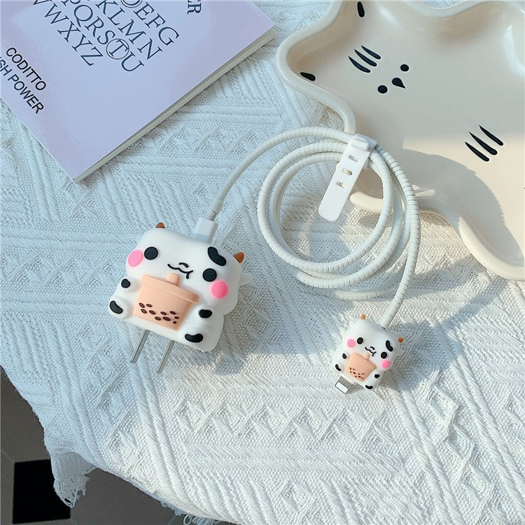 Cartoon Style Protective Case for iPhone 18W / 20W Charger Block Silicone Cover Set with Charging Cable Case - Milch Cow