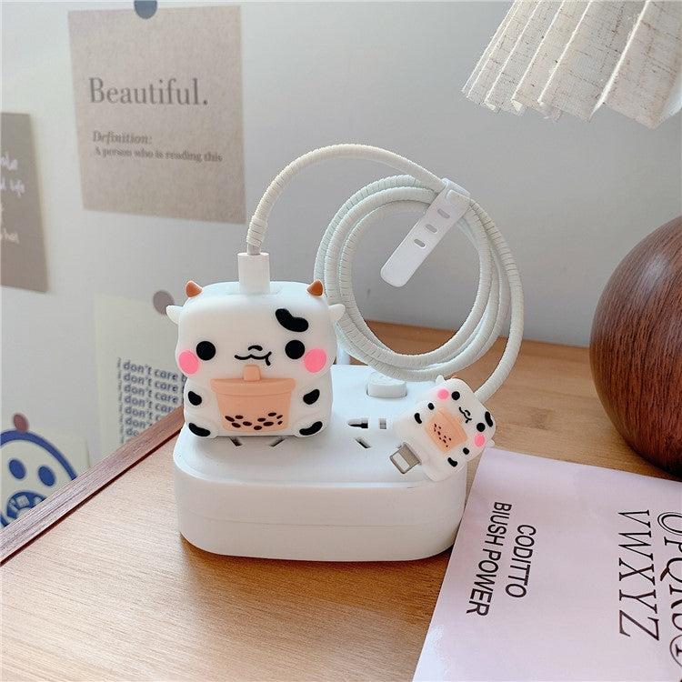 Cartoon Style Protective Case for iPhone 18W / 20W Charger Block Silicone Cover Set with Charging Cable Case - Milch Cow