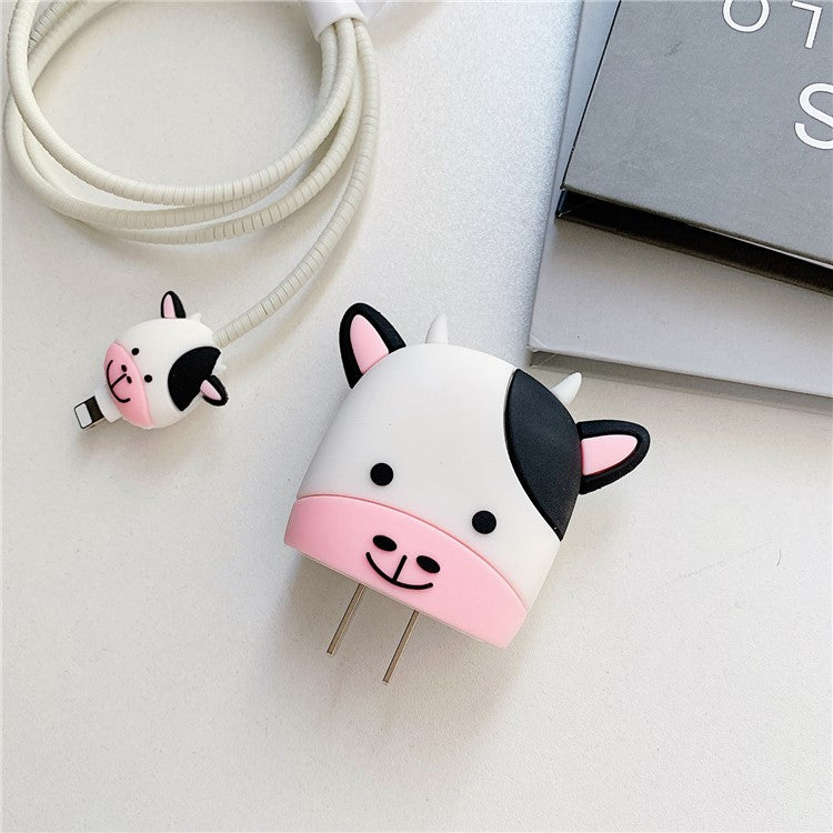 Cartoon Style Protective Case for iPhone 18W / 20W Charger Block Silicone Cover Set with Charging Cable Case - Little Cow