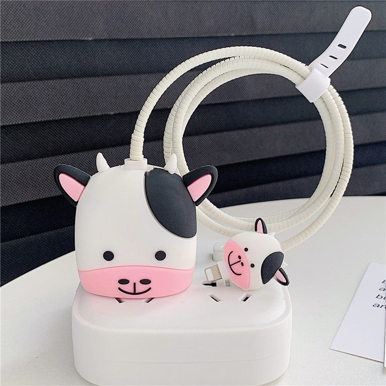 Cartoon Style Protective Case for iPhone 18W / 20W Charger Block Silicone Cover Set with Charging Cable Case - Little Cow