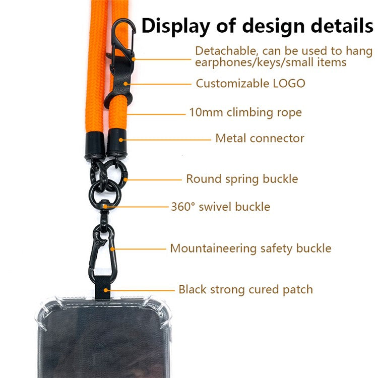 10mm Crossbody Phone Lanyard Polyester Anti-Lost Neck Hanging Strap with Tether Tab - Fluorescent Orange