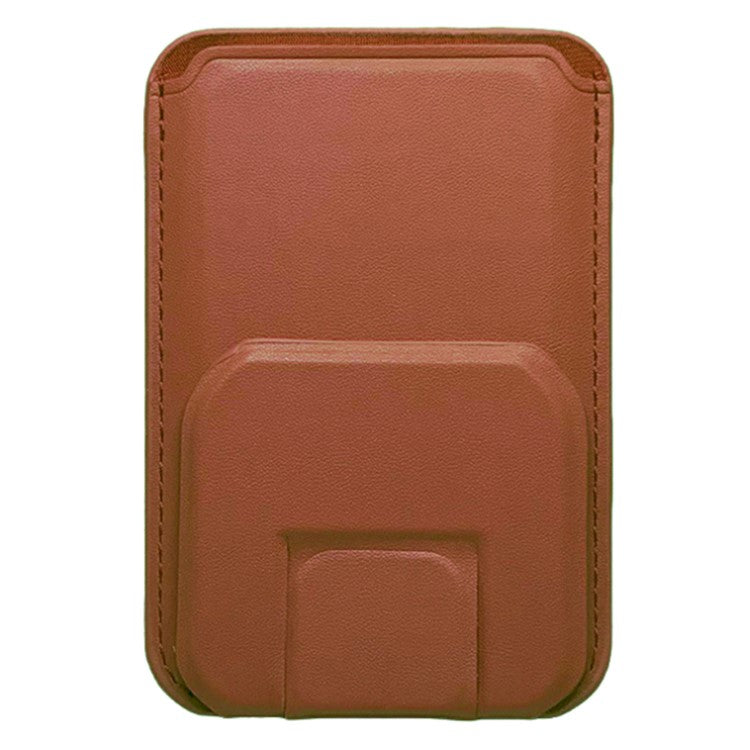 MRC043 For iPhone 15-12 Series RFID Blocking Magnetic Card Holder PU Leather Stand Phone Holder - Brown