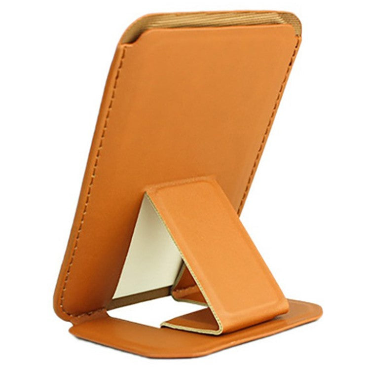 MRC043 For iPhone 15-12 Series RFID Blocking Magnetic Card Holder PU Leather Stand Phone Holder - Brown