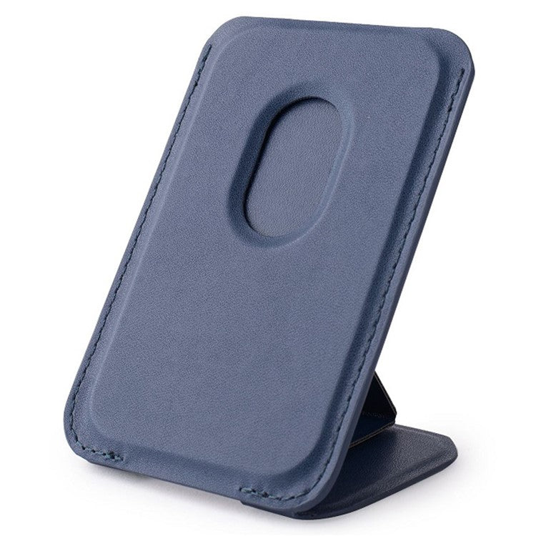 MRC043 For iPhone 15-12 Series RFID Blocking Magnetic Card Holder PU Leather Stand Phone Holder - Blue